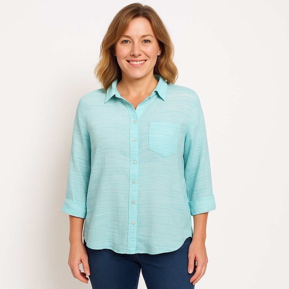 JCP Womens Petite Spacedye 3/4 Sleeve Shirt Size Medium Petite Blue White